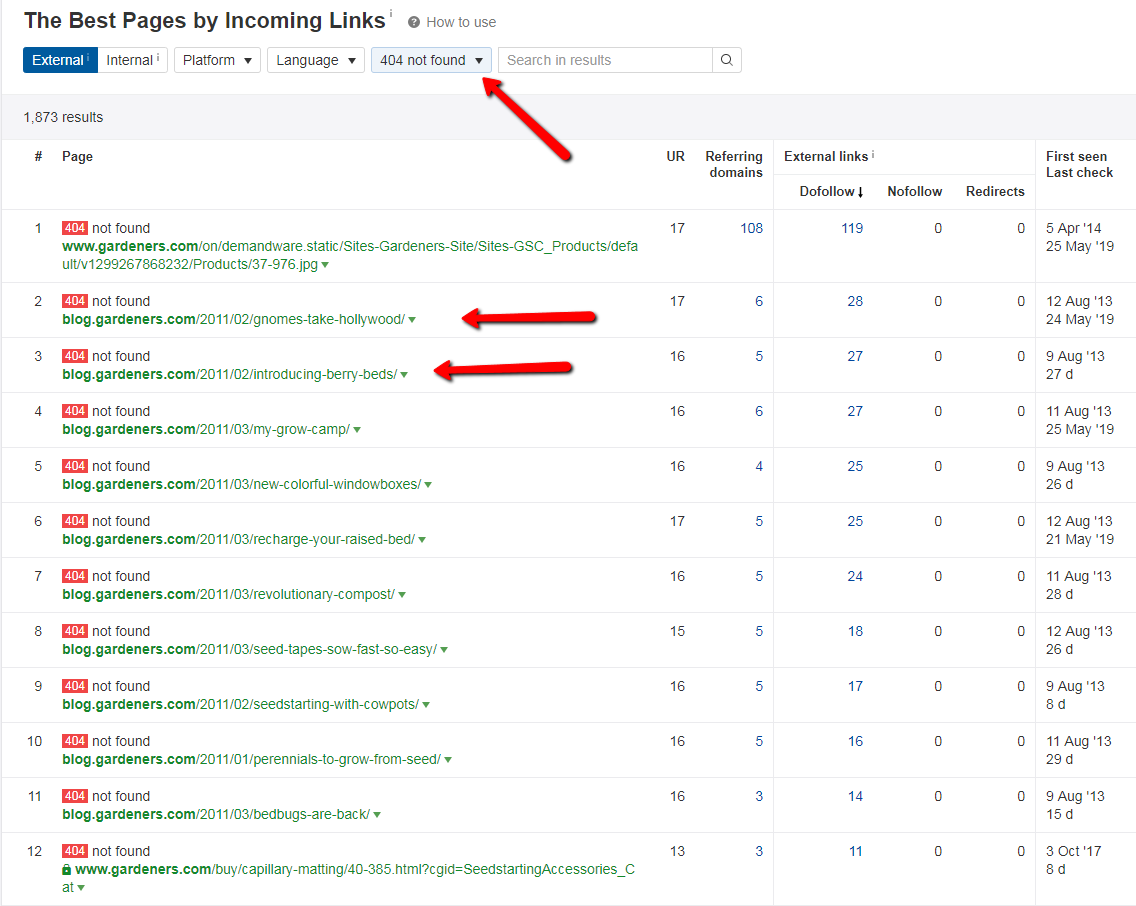 Screenshot of best pages by incoming links with 404 errors from Ahrefs